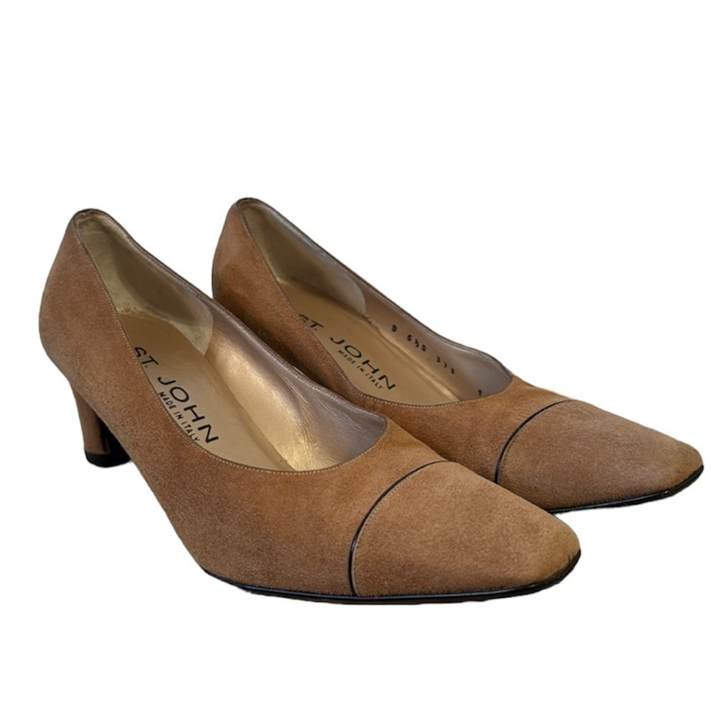 Vintage St. John Camel Tan Suede Square Toe Pumps Heels Size 5.5 Italy